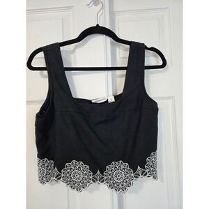 Midnight Sky Black Linen Blend Crop Top White Embroidered Scalloped Hem Small